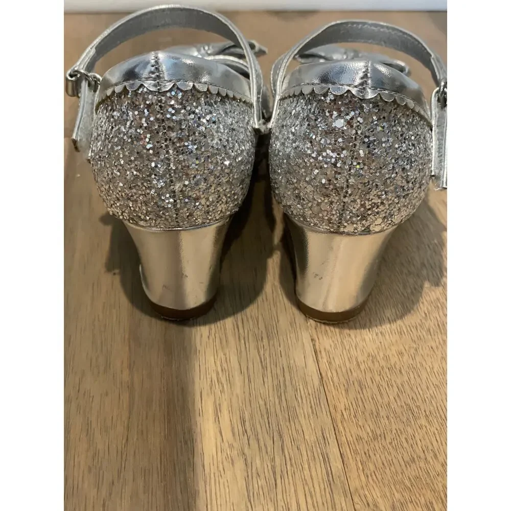 Laurmosa Girls Silver Glitter Mary Jane Shoes Size 13 Low Heel Bow Detail